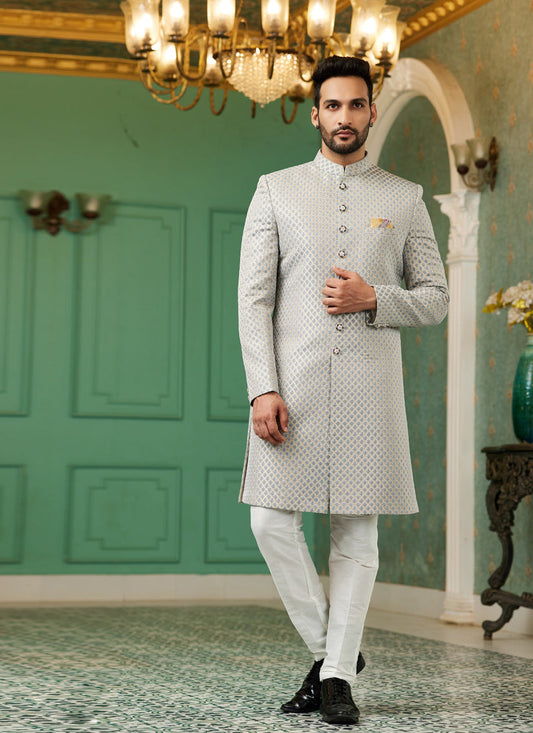 Grey Jacquard Silk Indo Western Outfit