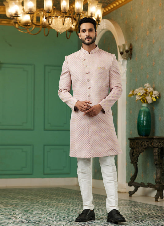 Blush Pink Jacquard Silk Indo Western Outfit