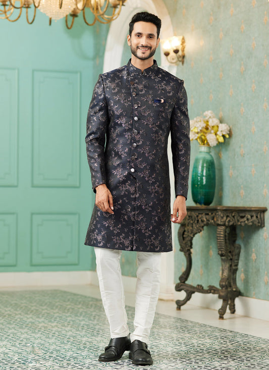 Black Jacquard Silk Indo Western Outfit