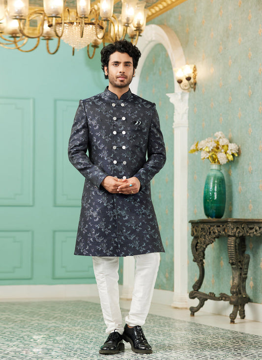 Midnight Blue Jacquard Silk Indo Western Outfit