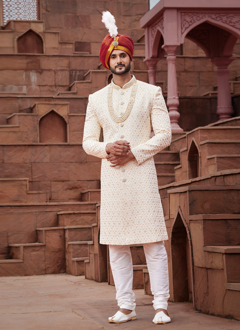 Cream Art Silk Designer Sherwani