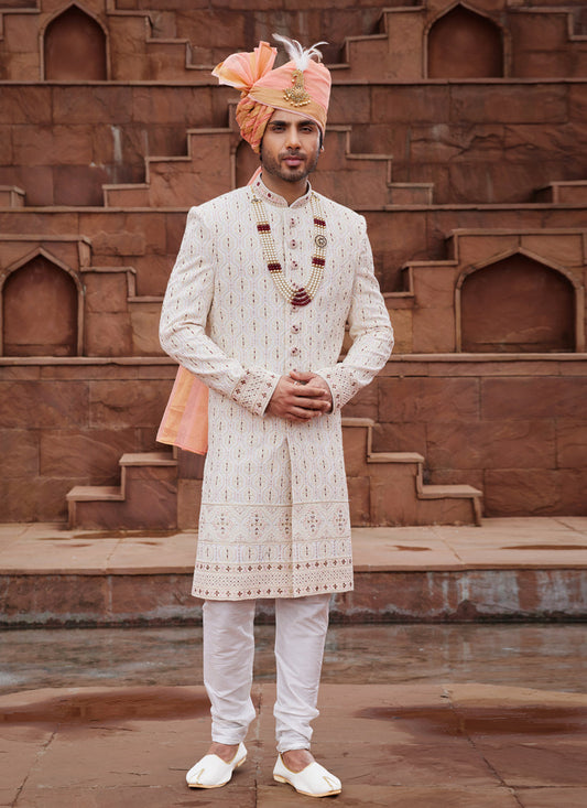 Cream Georgette Designer Sherwani