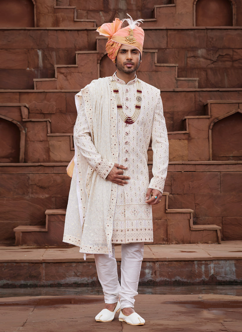 Cream Georgette Designer Sherwani