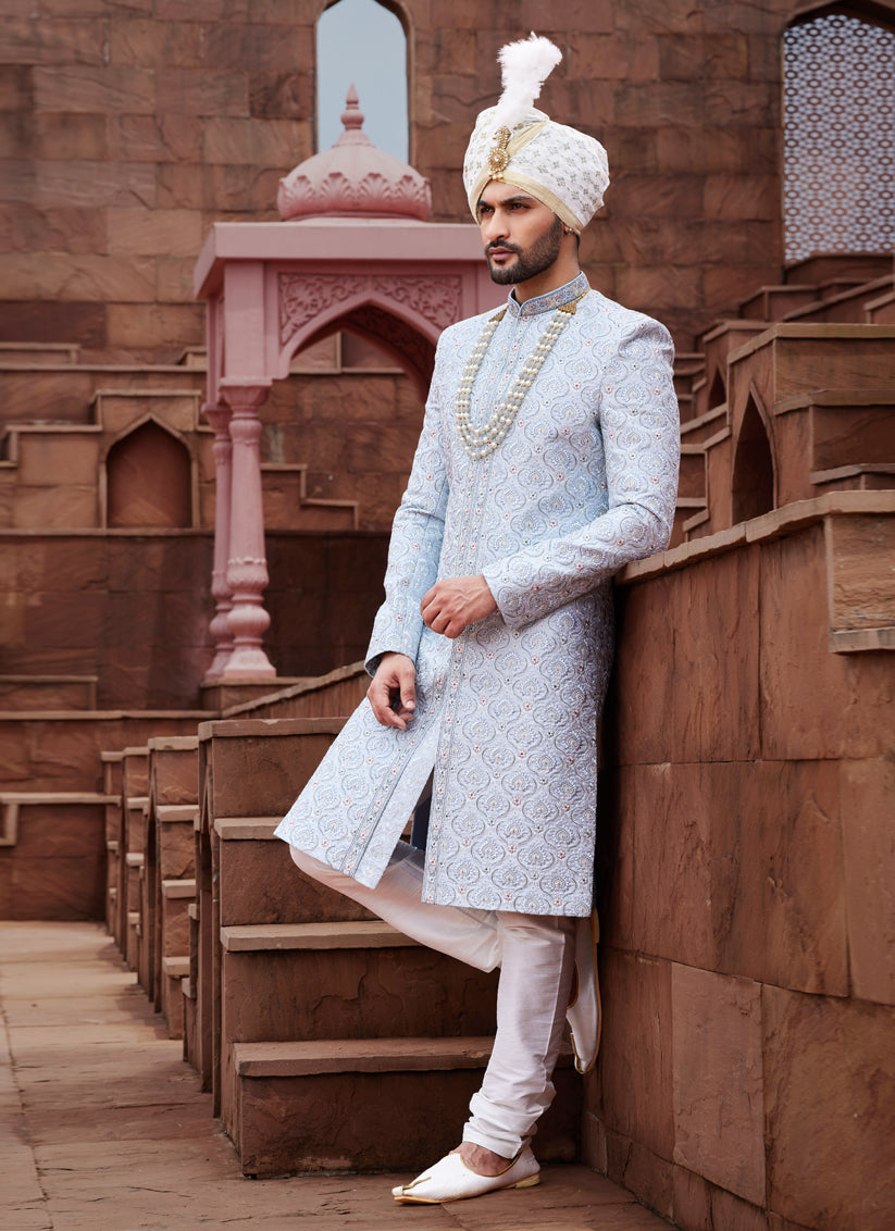 Powder Blue Art Silk Designer Sherwani