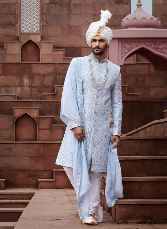 Powder Blue Art Silk Designer Sherwani