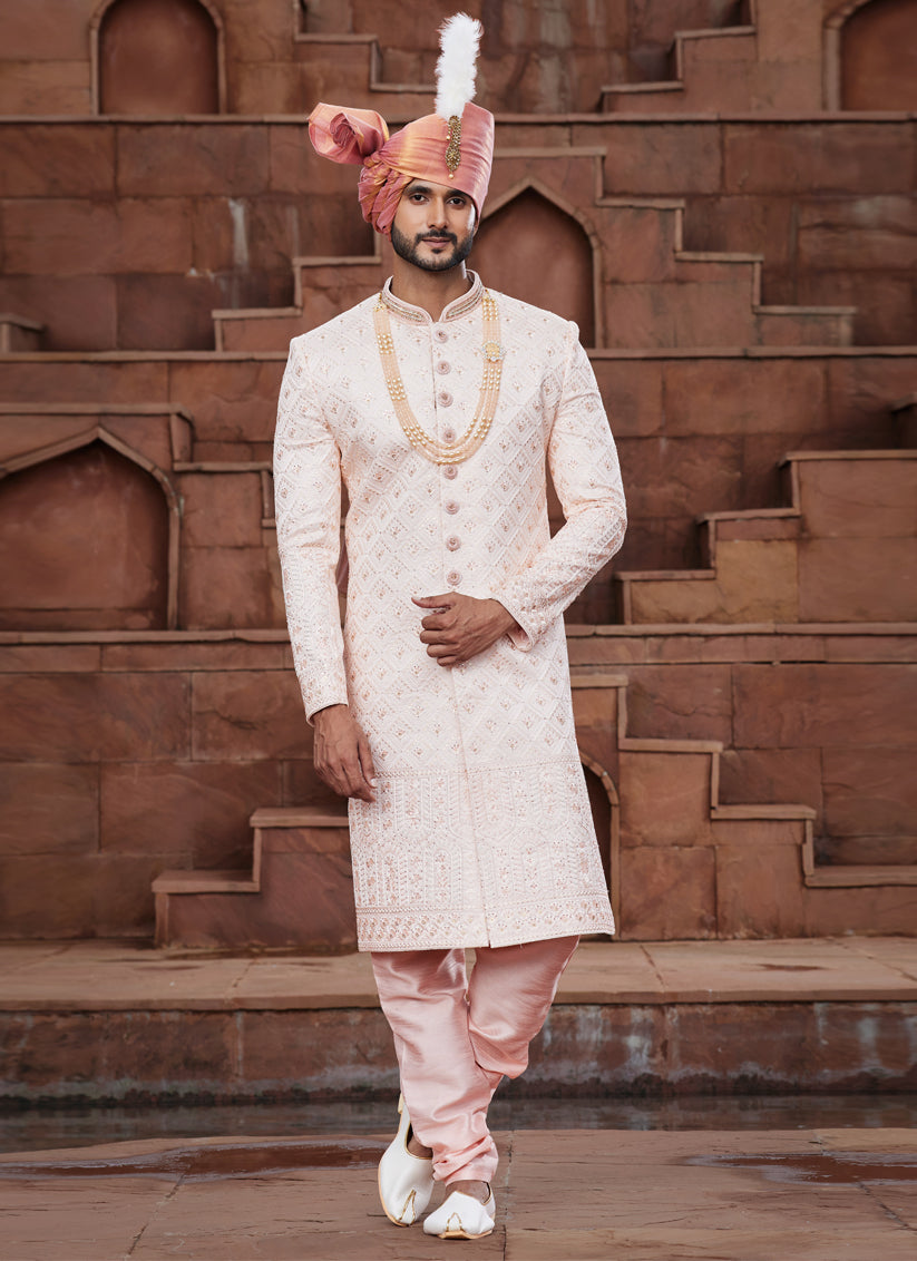 Peach Art Silk Designer Sherwani