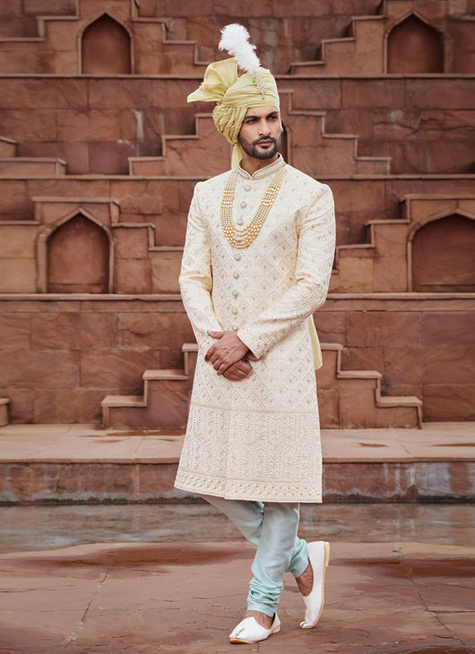 Beige Art Silk Designer Sherwani