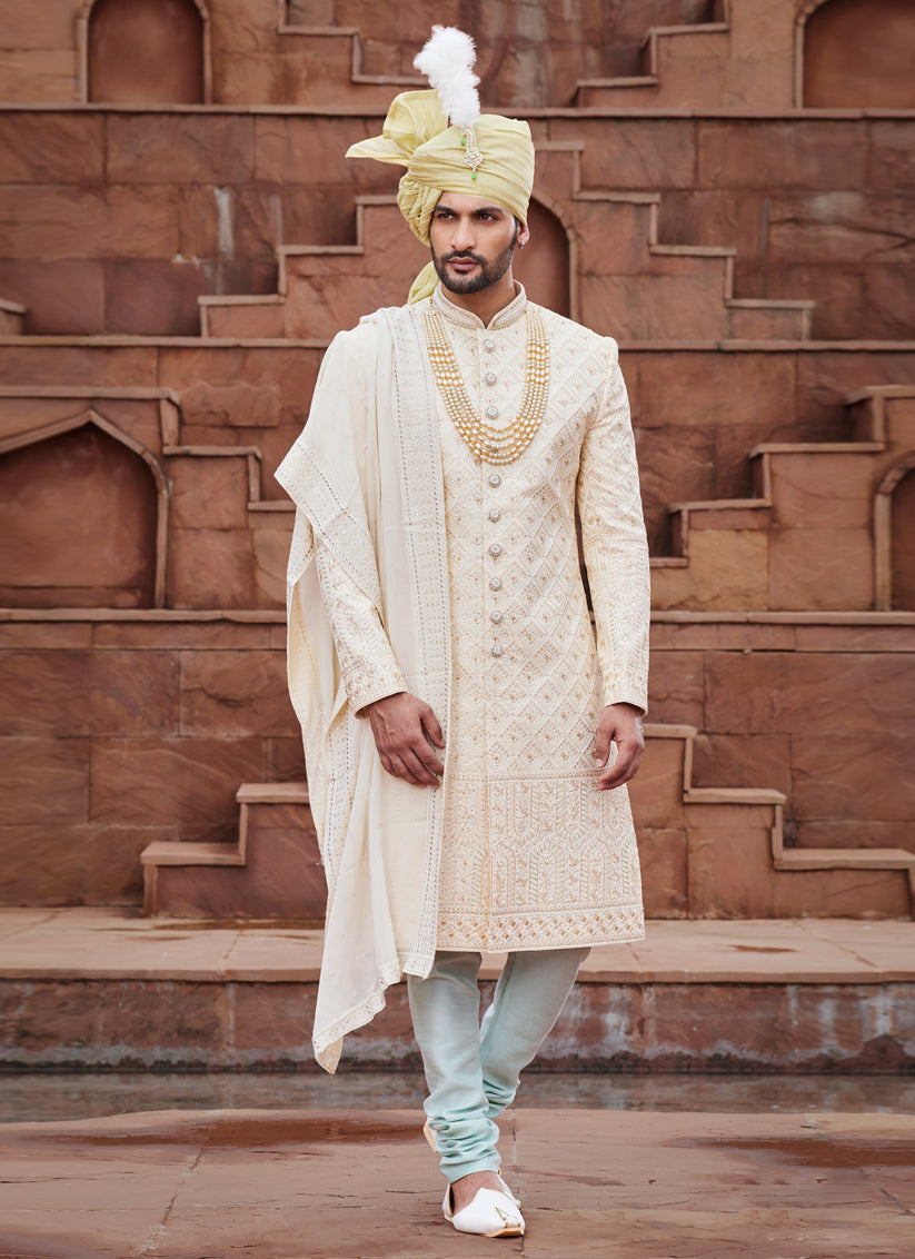 Beige Art Silk Designer Sherwani