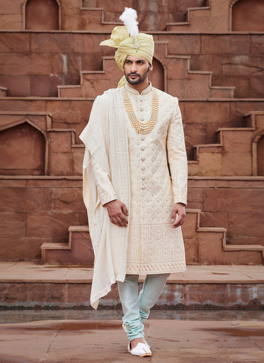Beige Art Silk Designer Sherwani