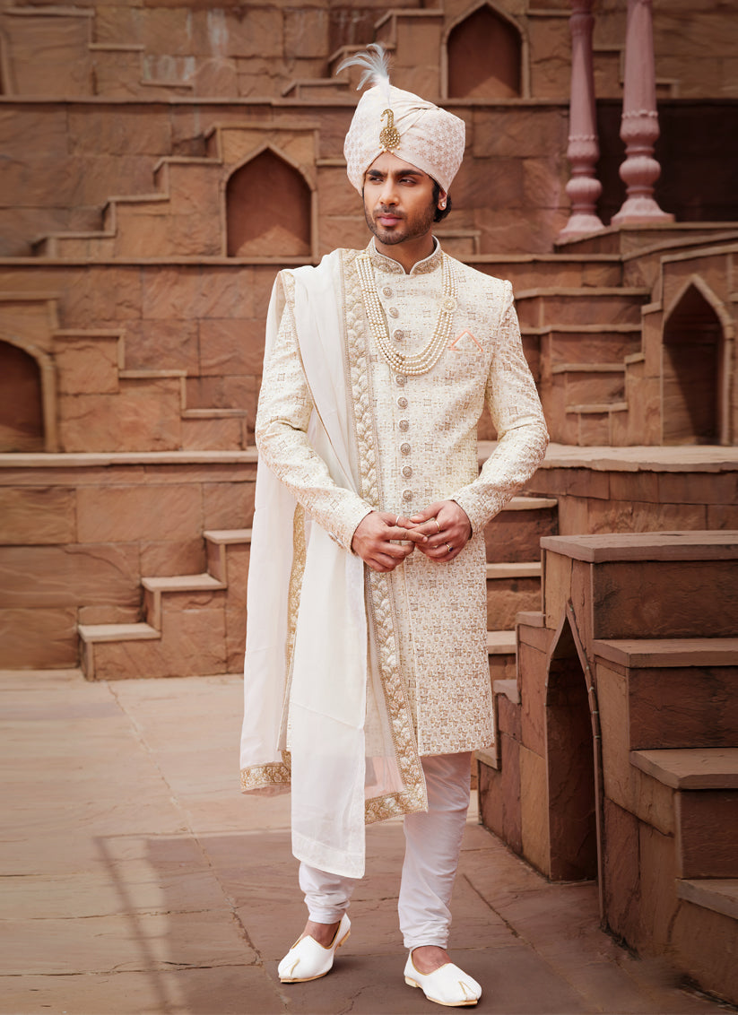 Cream Art Silk Designer Sherwani