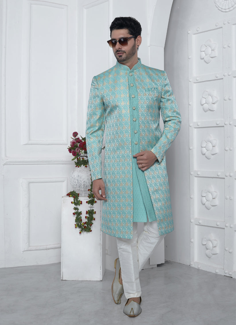 Aqua Blue Jacquard Silk 3 Pc Indo Western Outfit
