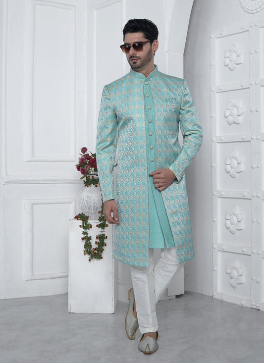 Aqua Blue Jacquard Silk 3 Pc Indo Western Outfit