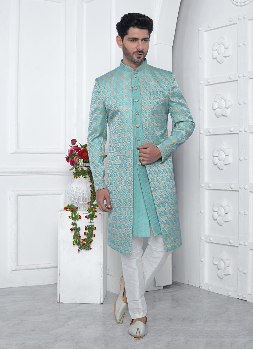 Aqua Blue Jacquard Silk 3 Pc Indo Western Outfit