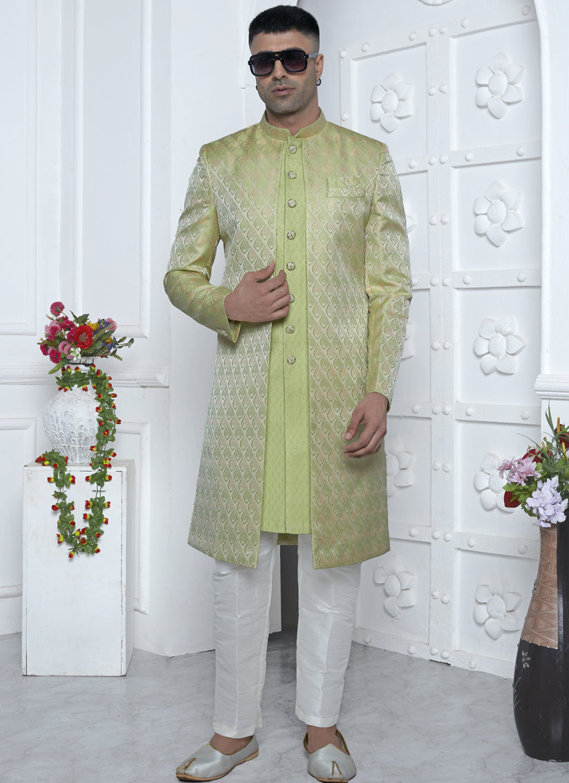 Parrot Green Jacquard Silk 3 Pc Indo Western Outfit