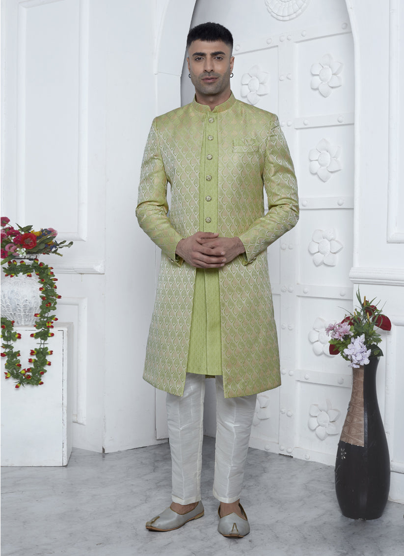 Parrot Green Jacquard Silk 3 Pc Indo Western Outfit