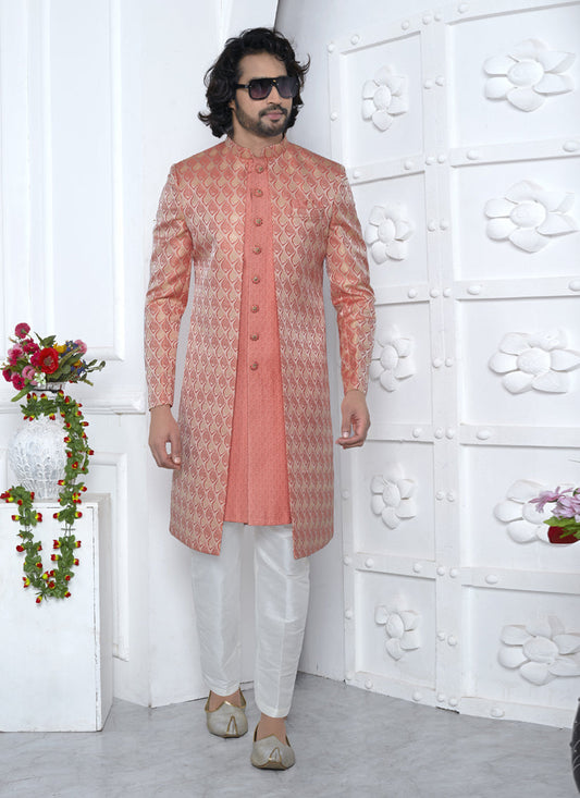 Coral Peach Jacquard Silk 3 Pc Indo Western Outfit