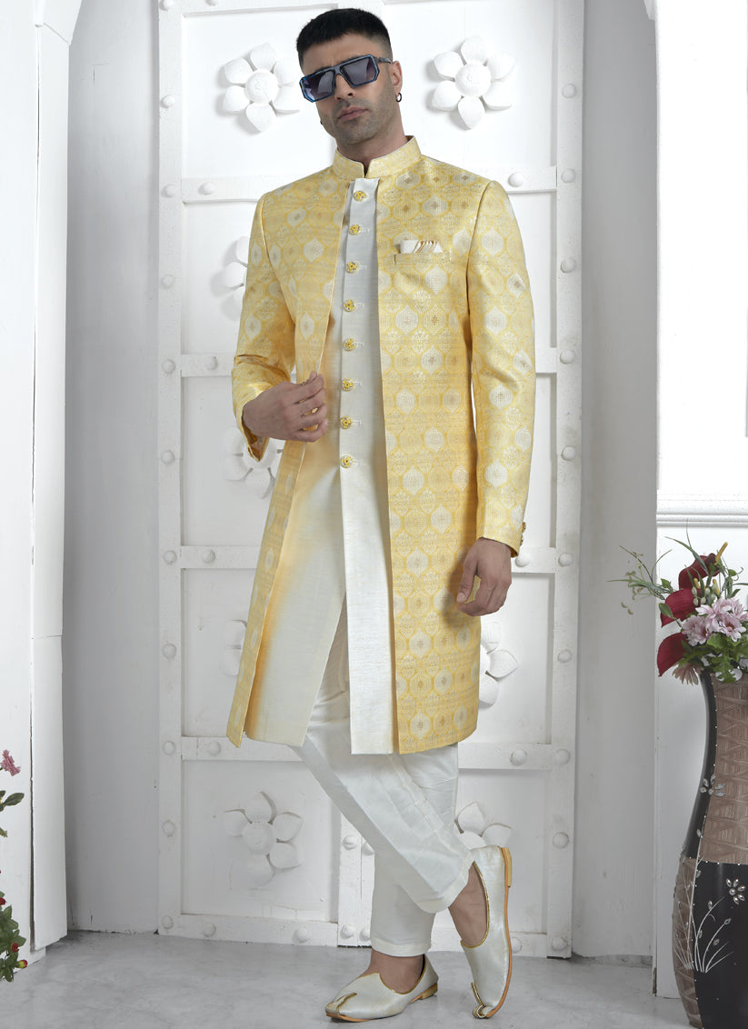 Yellow and Off White Jacquard Silk 3 Pc Indo Western Outfit