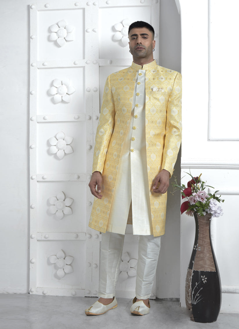 Yellow and Off White Jacquard Silk 3 Pc Indo Western Outfit