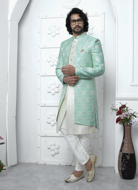 Sea Green and Off White Jacquard Silk 3 Pc Indo Western Outfit