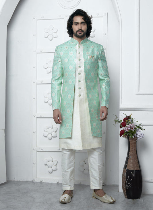 Sea Green and Off White Jacquard Silk 3 Pc Indo Western Outfit