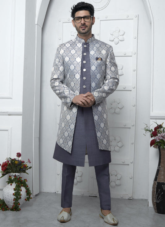 Slate Grey Jacquard Silk 3 Pc Indo Western Outfit
