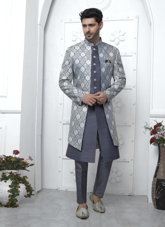 Slate Grey Jacquard Silk 3 Pc Indo Western Outfit