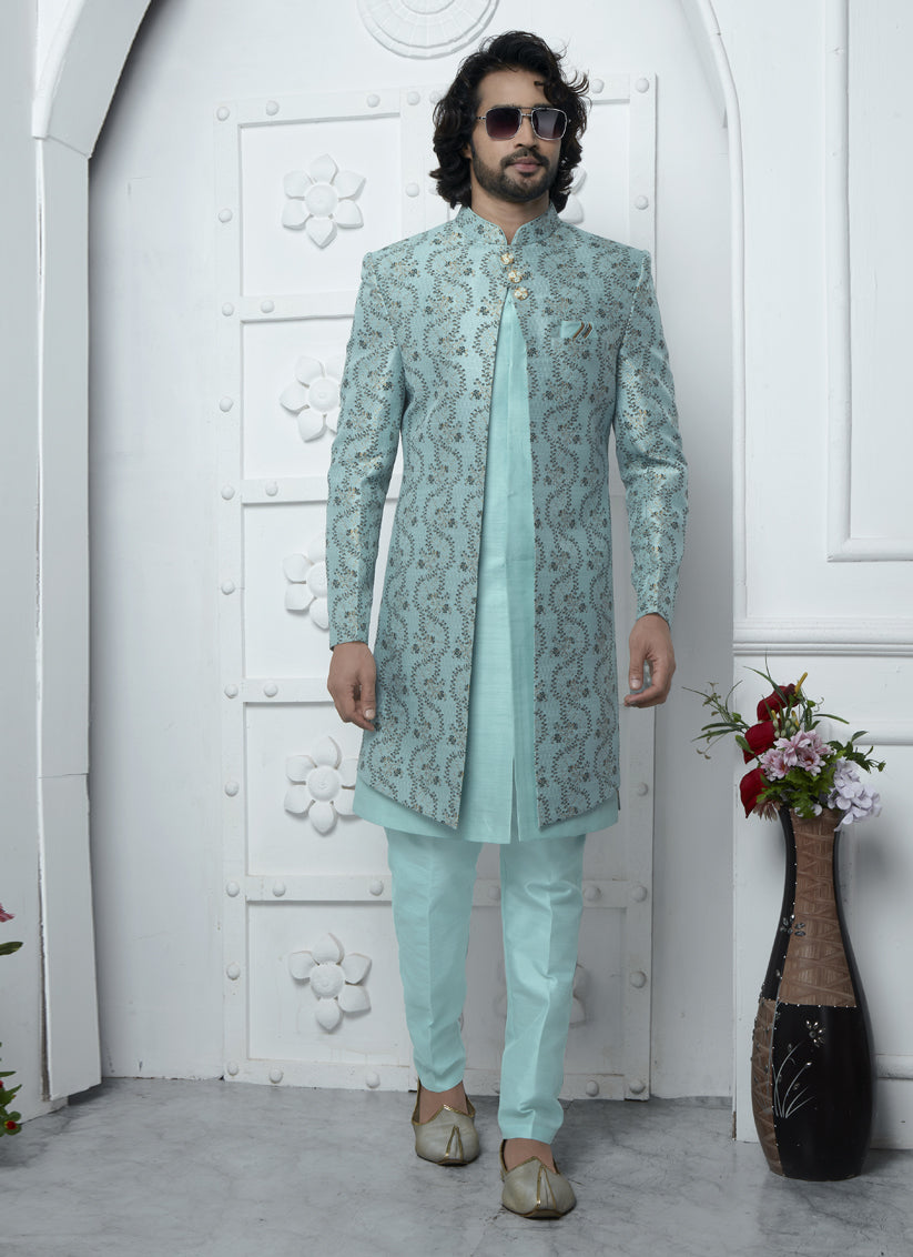 Firozi Jacquard Silk 3 Pc Indo Western Outfit