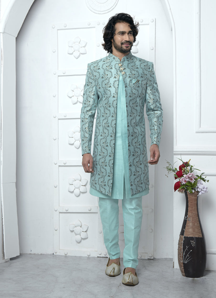 Firozi Jacquard Silk 3 Pc Indo Western Outfit