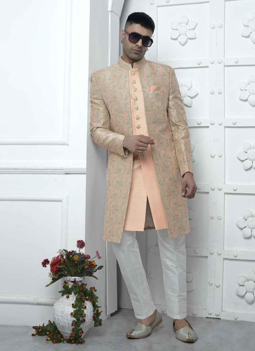 Peach Jacquard Silk 3 Pc Indo Western Outfit