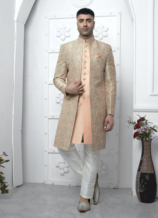 Peach Jacquard Silk 3 Pc Indo Western Outfit