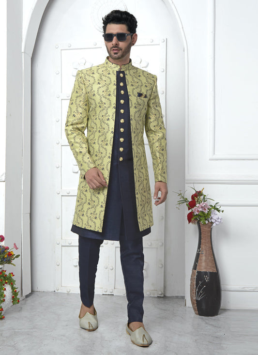 Pastel Green and Navy Blue Jacquard Silk 3 Pc Indo Western Outfit