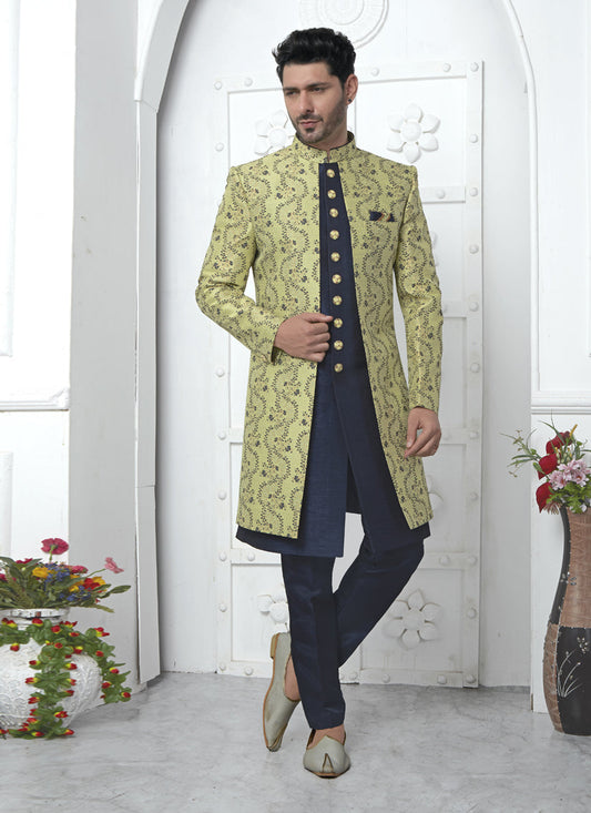 Pastel Green and Navy Blue Jacquard Silk 3 Pc Indo Western Outfit