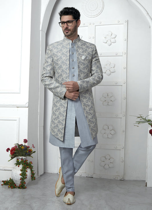 Off White Jacquard Silk 3 Pc Indo Western Outfit