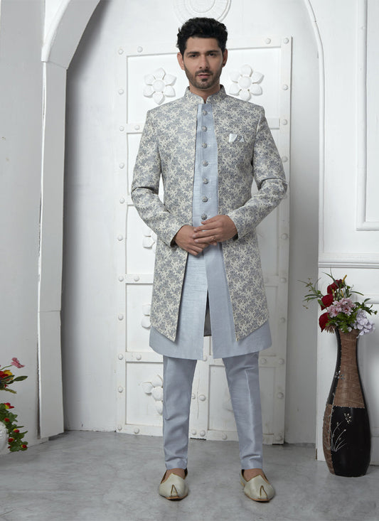 Off White Jacquard Silk 3 Pc Indo Western Outfit