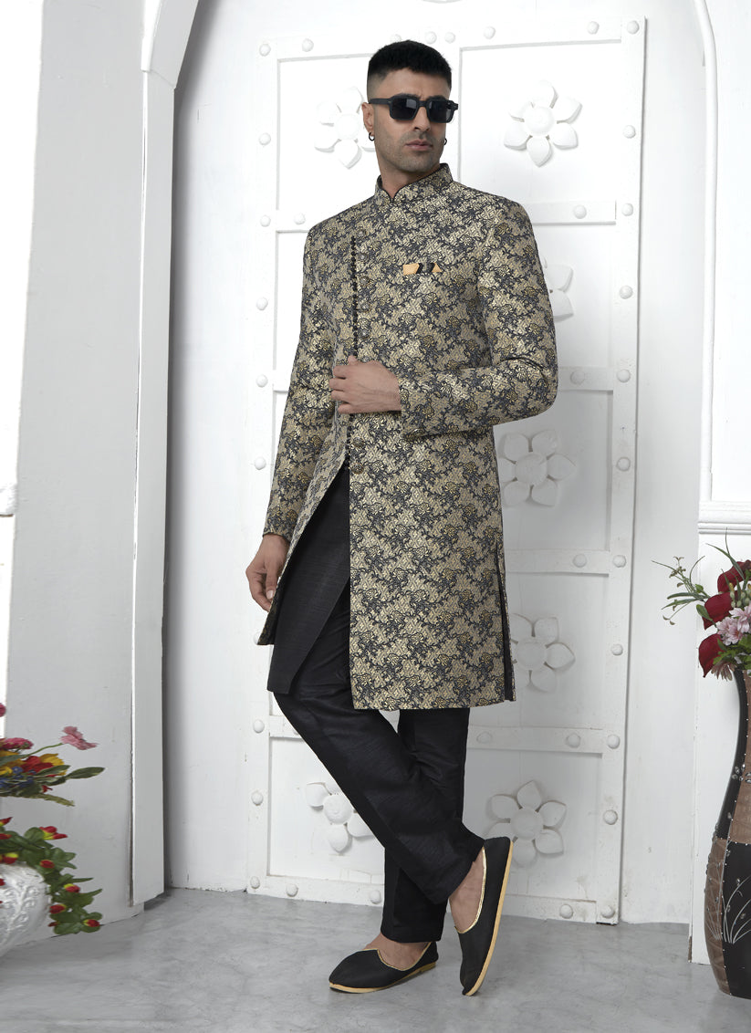 Black Jacquard Silk 3 Pc Indo Western Outfit