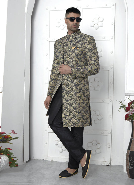 Black Jacquard Silk 3 Pc Indo Western Outfit