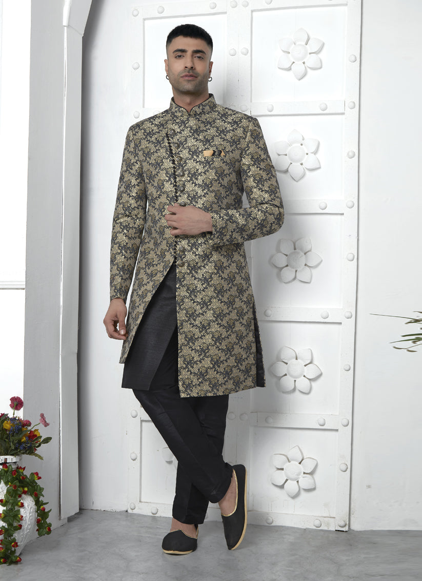 Black Jacquard Silk 3 Pc Indo Western Outfit