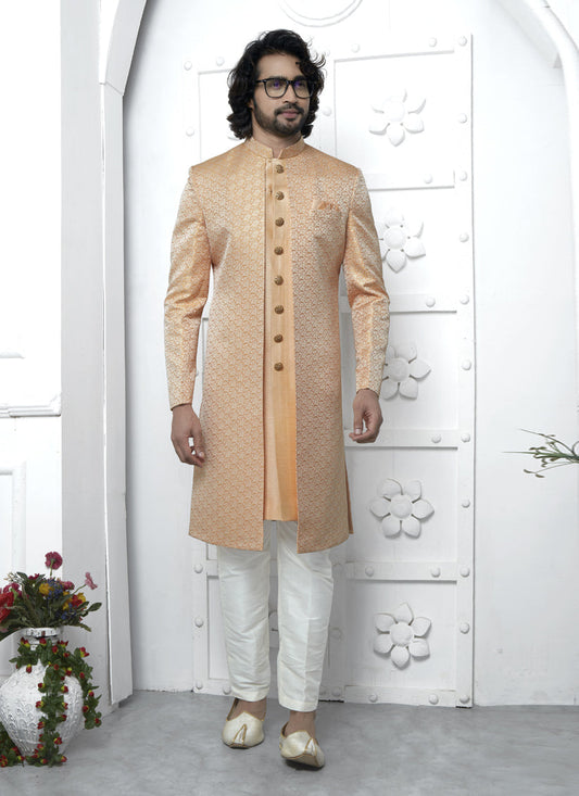 Orange Jacquard Silk 3 Pc Indo Western Outfit