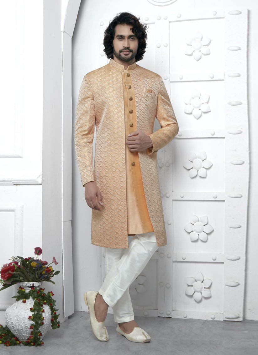 Orange Jacquard Silk 3 Pc Indo Western Outfit