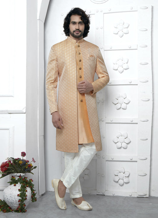 Orange Jacquard Silk 3 Pc Indo Western Outfit