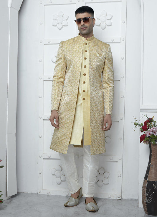 Cream Jacquard Silk 3 Pc Indo Western Outfit