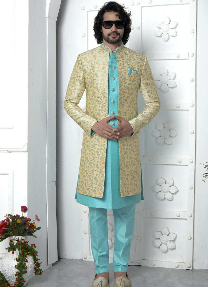 Turquoise and Pastel Yellow Jacquard Silk 3 Pc Indo Western Outfit