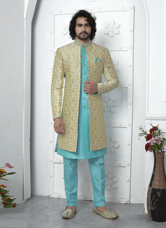 Turquoise and Pastel Yellow Jacquard Silk 3 Pc Indo Western Outfit