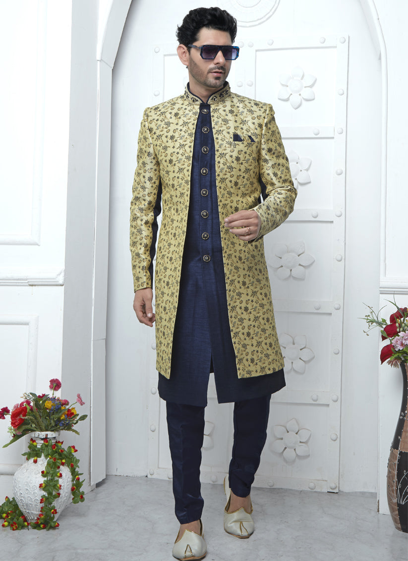 Navy Blue and Yellow Jacquard Silk 3 Pc Indo Western Outfit