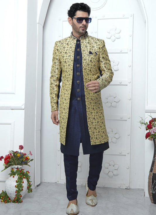 Navy Blue and Yellow Jacquard Silk 3 Pc Indo Western Outfit