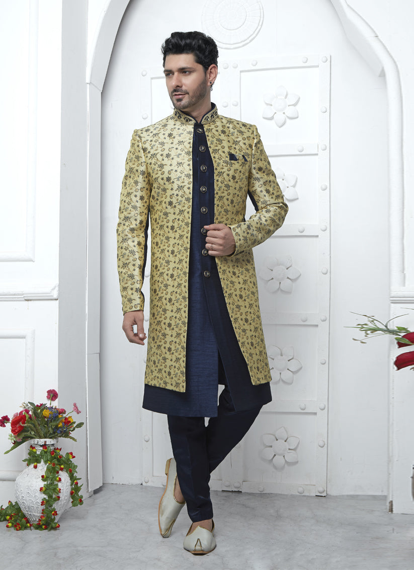 Navy Blue and Yellow Jacquard Silk 3 Pc Indo Western Outfit