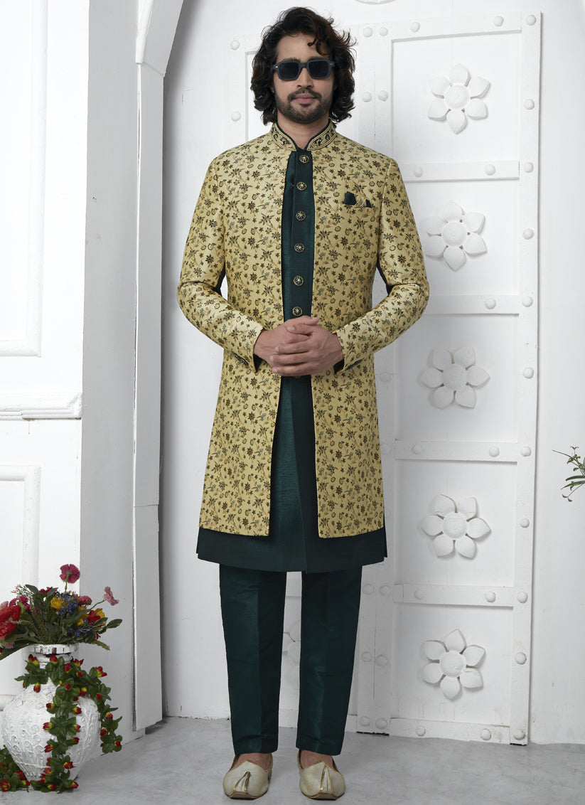 Bottle Green and Yellow Jacquard Silk 3 Pc Indo Western Outfit
