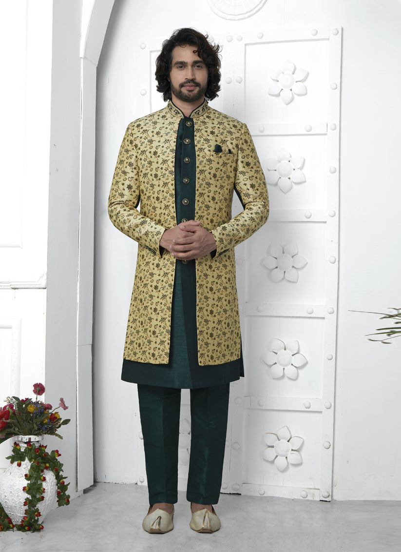 Bottle Green and Yellow Jacquard Silk 3 Pc Indo Western Outfit