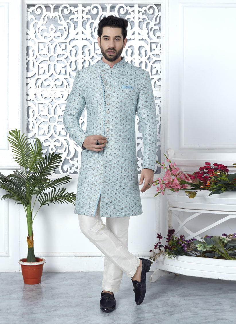Sky Blue Jacquard Silk Indo Western Outfit