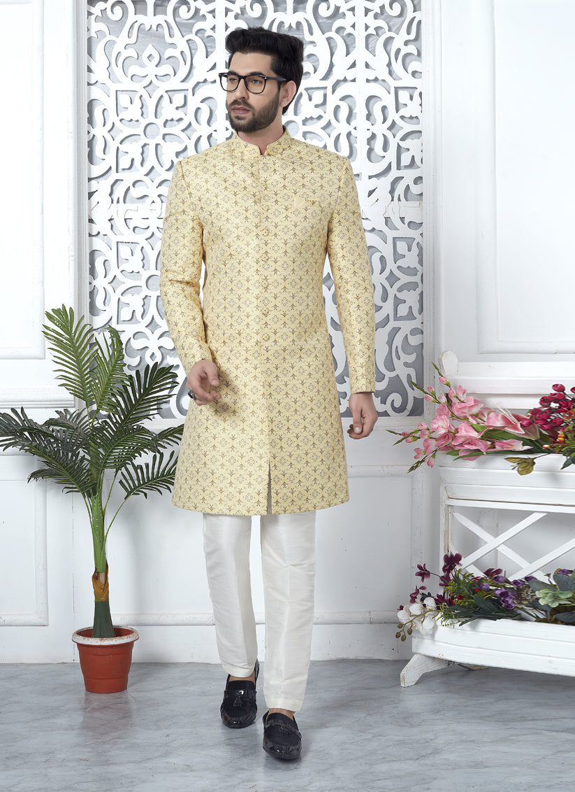 Yellow Jacquard Silk Indo Western Outfit
